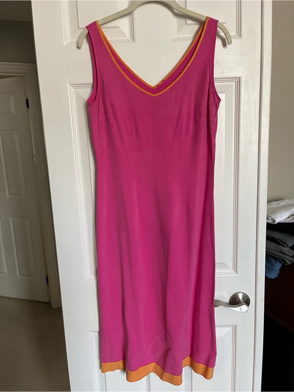 Sleeveless 100% Silk V-Neck Midi Dress in Vibrant Pink with Orange Trim